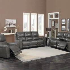 RusticHome-Furniture Leather Laurel Gray Power Reclining Set